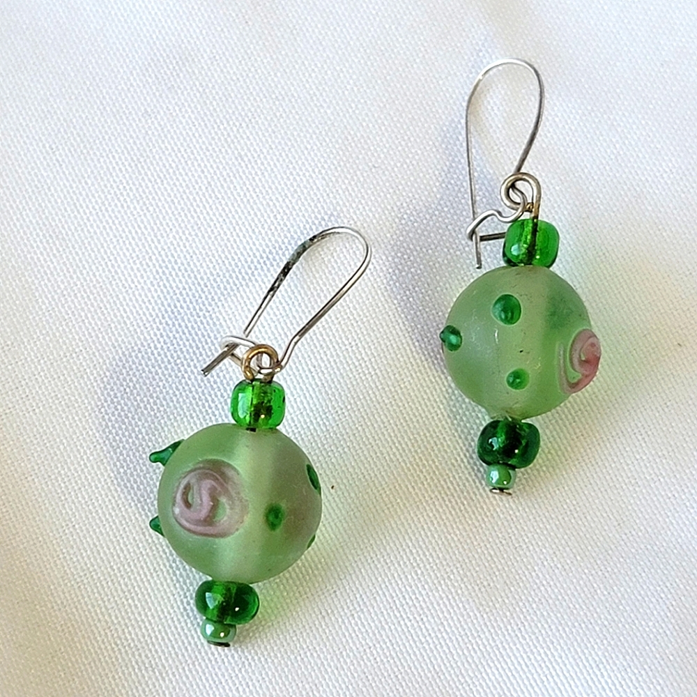 Green Glass Drop Earrings Lampwork Style